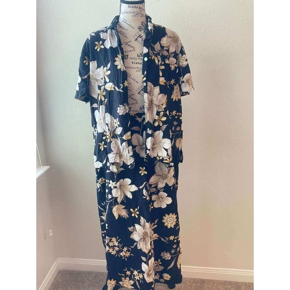 Alfred Dunner Womens 16 Linen Rayon 2 Piece Set Floral Shirt Maxi Skirt Black